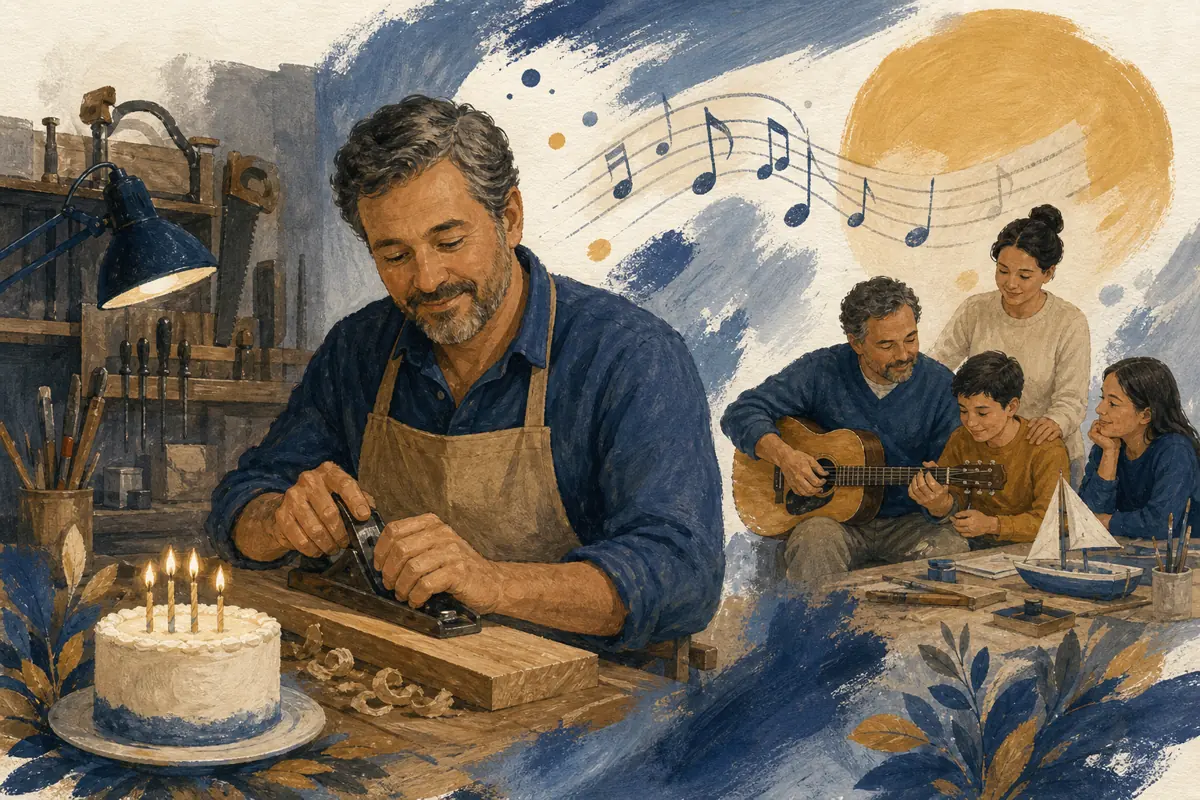 Gouache illustration of a familiar workbench habit, the route he prefers inspiring a handmade music from an era or style he chooses song for Dad.