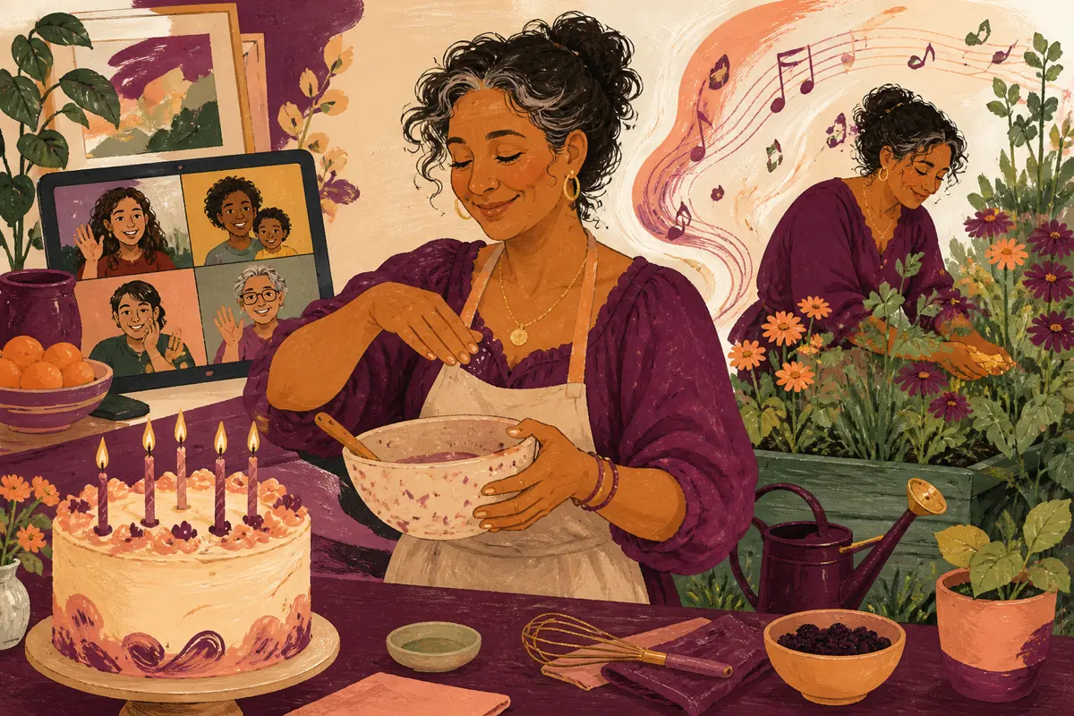 Gouache illustration of a recipe measured by feel, a recurring family call inspiring a handmade familiar music connected to her own listening history song for Grandma.