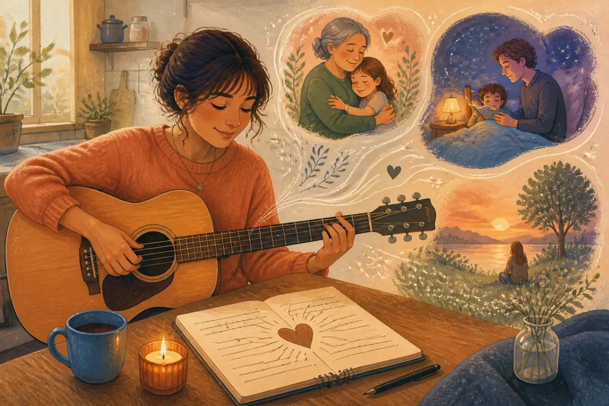 Gouache illustration of fingers on an acoustic guitar beneath a quiet kitchen memory, a soft piano under a bedside story inspiring a handmade acoustic song for the intended listene