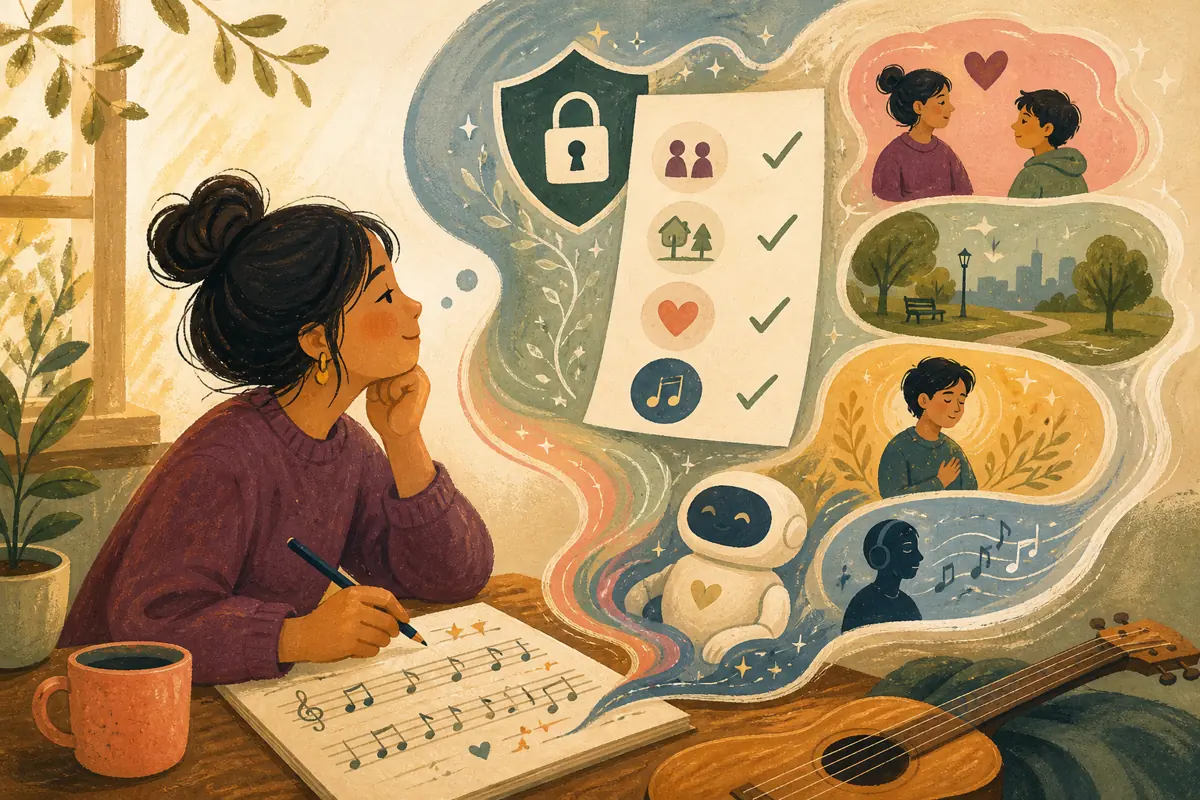 Gouache illustration of first names or relationship labels instead of full identity, a generalized place instead of an address inspiring a handmade any style song for the person su