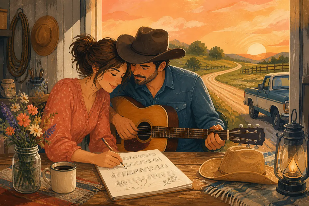 Gouache illustration of fixing something together, a familiar highway, early weekend errands inspiring a handmade country song for your husband.