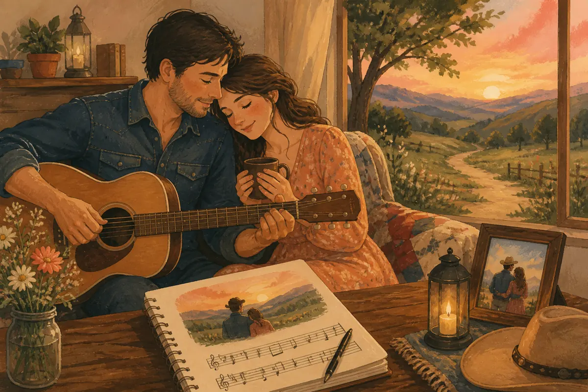 Gouache illustration of a first apartment, a hard move, a long-planned trip inspiring a handmade country song for your wife.