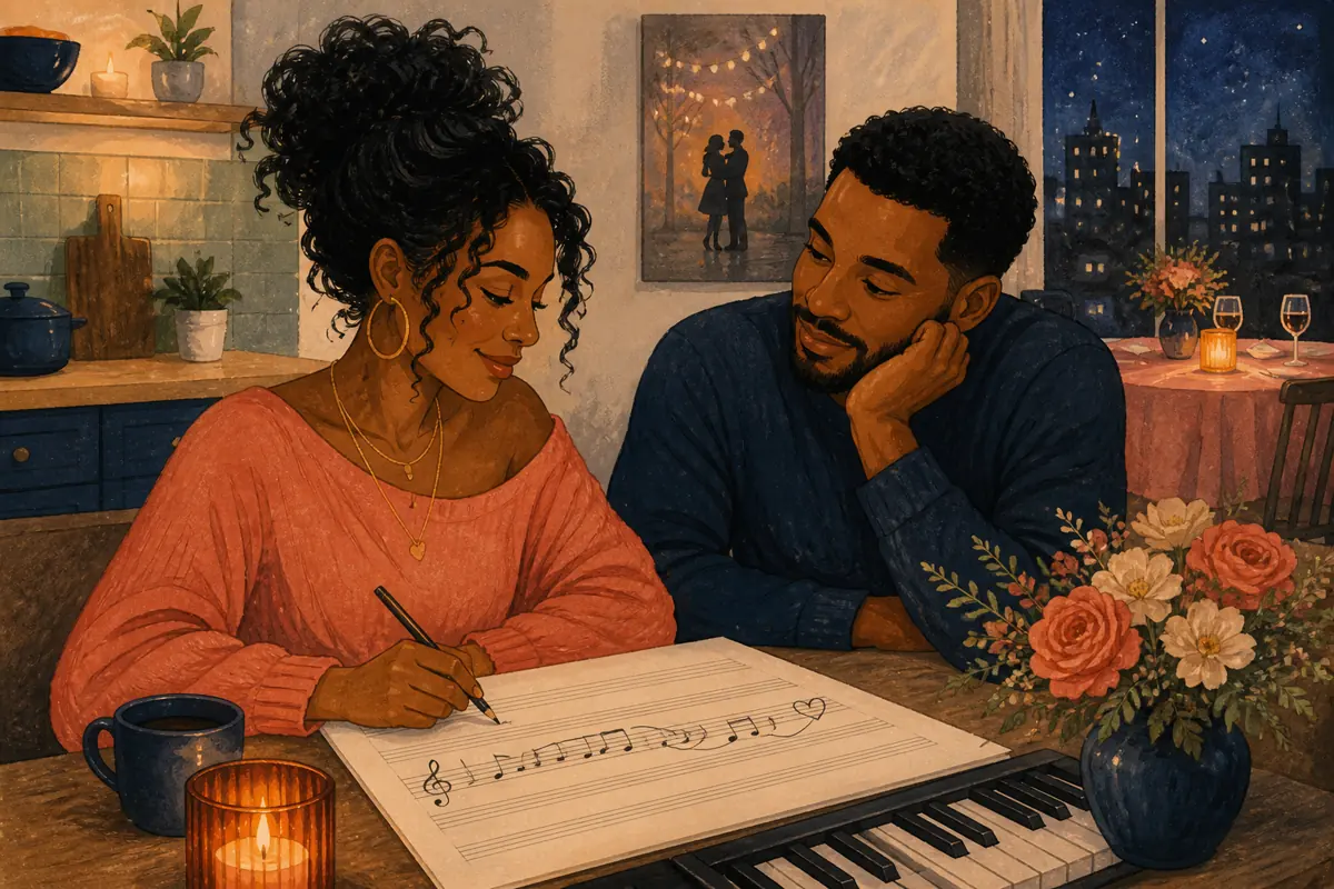 Gouache illustration of a late-night kitchen conversation, a quiet drive home inspiring a handmade R&B song for your husband.