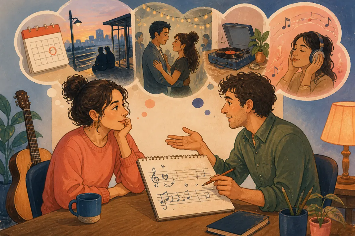 Gouache illustration of what happened last Tuesday, which phrase is actually used, where the memory took place inspiring a handmade a genre identified through listening habits rath