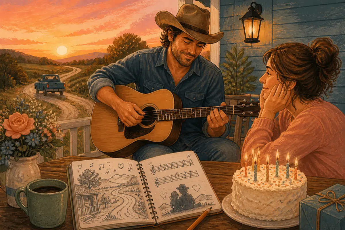 Gouache illustration of his weekend ritual, a harmless repeated joke, a favorite route inspiring a handmade country song for your husband.