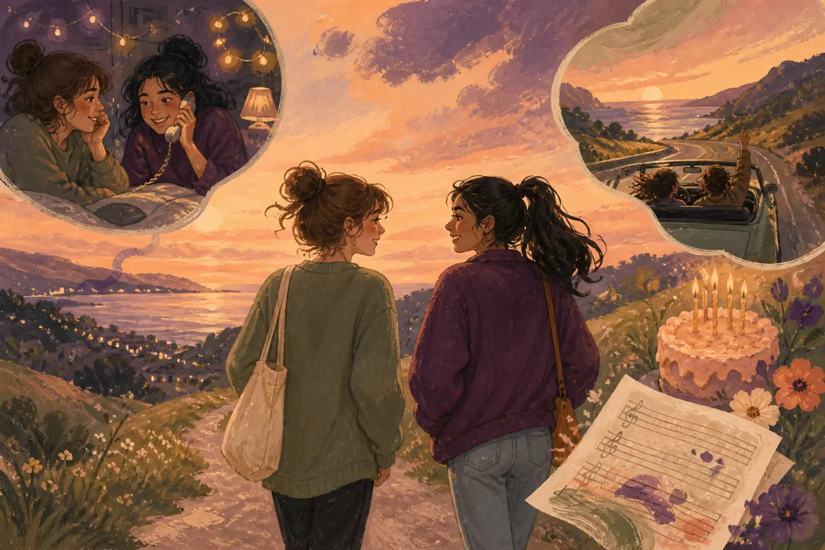 Gouache illustration of the first late-night call, a weekly walk inspiring a handmade a style connected to your shared listening history song for your best friend.