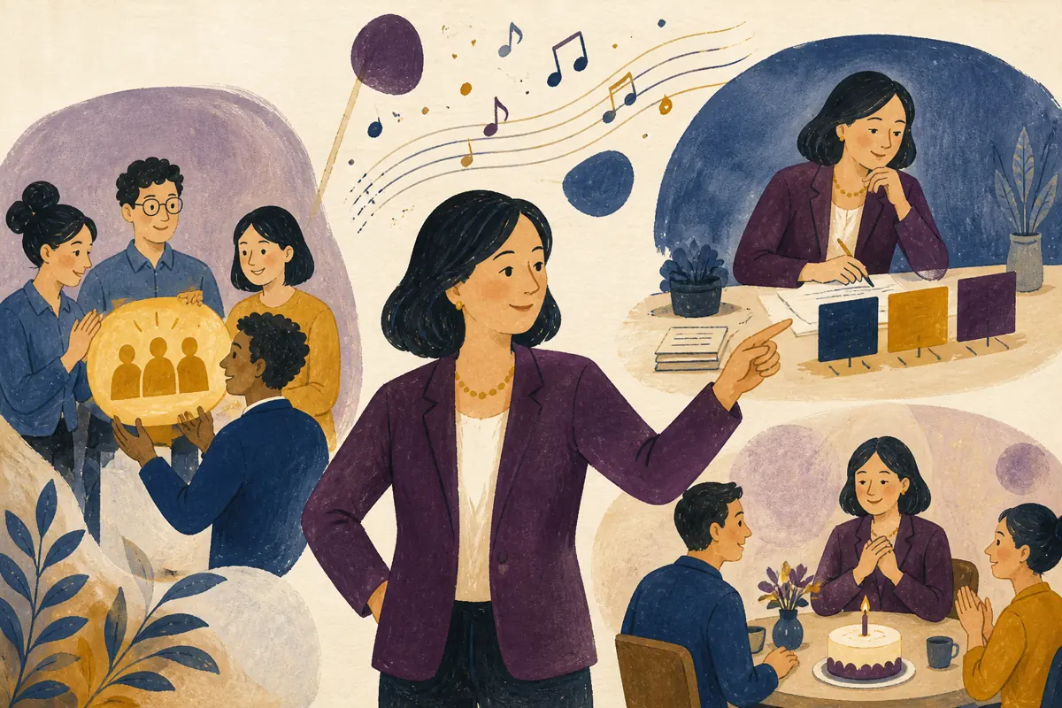 Gouache illustration of a clear meeting agenda, credit shared with the team inspiring a handmade a restrained style appropriate for work song for your boss.