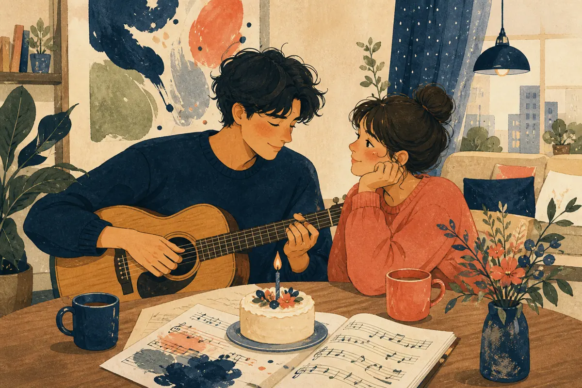 Gouache illustration of a regular date, a weekday check-in inspiring a handmade a style he enjoys without romantic stereotypes song for your boyfriend.