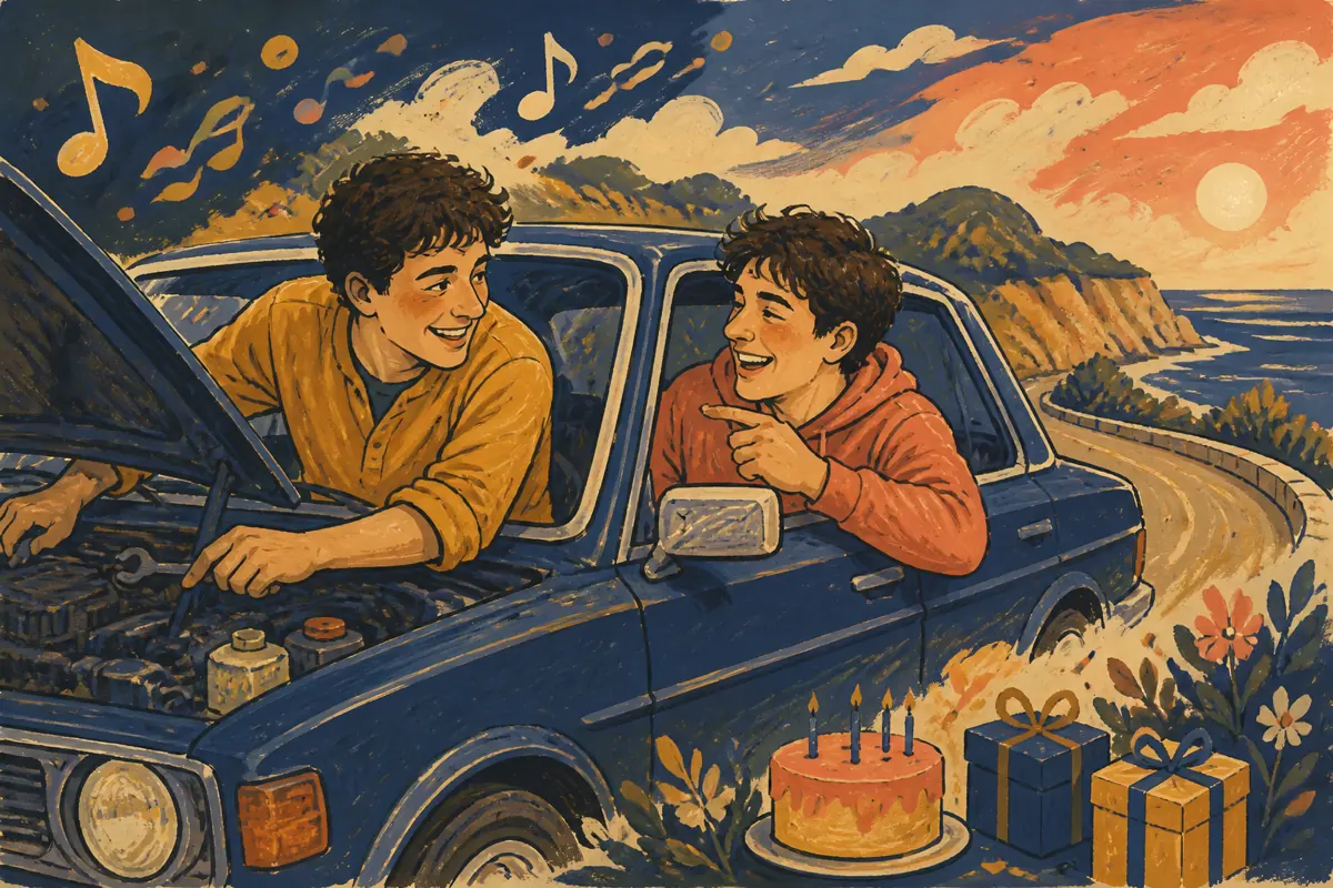 Gouache illustration of the route he always drives, a repeated practical favor inspiring a handmade music that suits his actual taste song for your brother.