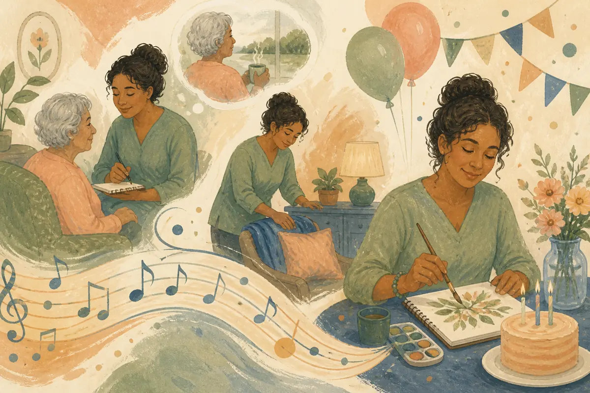 Gouache illustration of the way they explain a routine, remember a preference inspiring a handmade a gentle style with clear words song for a caregiver.