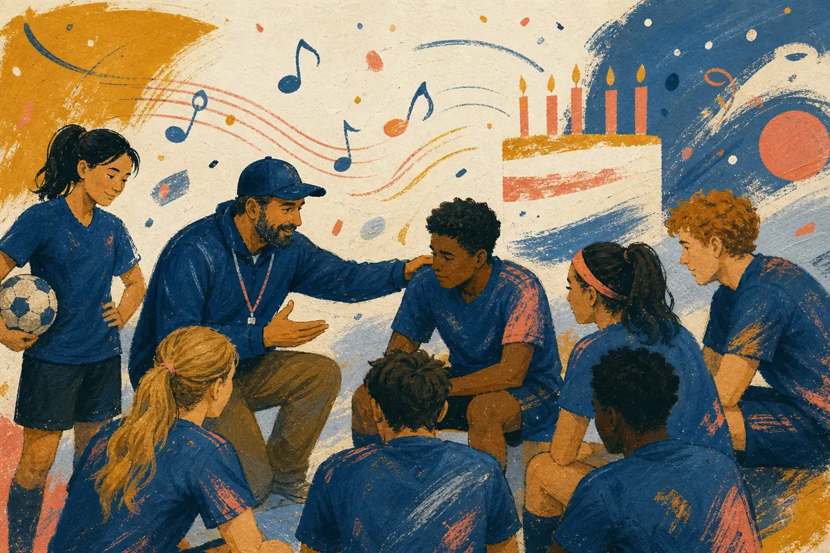 Gouache illustration of the drill explanation repeated patiently, the pre-game check-in inspiring a handmade an energetic but clear style suited to the team song for a coach.