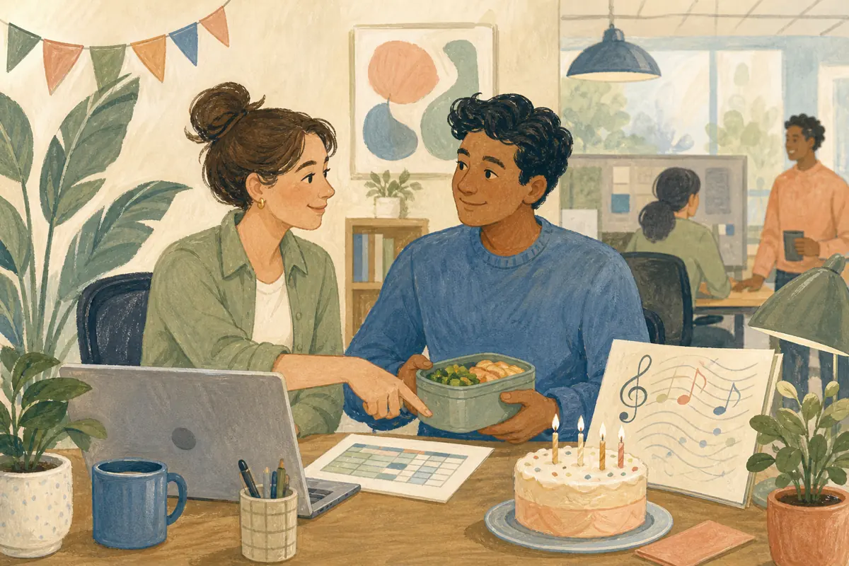 Gouache illustration of the spreadsheet shortcut they share, the calm handoff at shift change inspiring a handmade a light style suitable for the workplace song for a coworker.