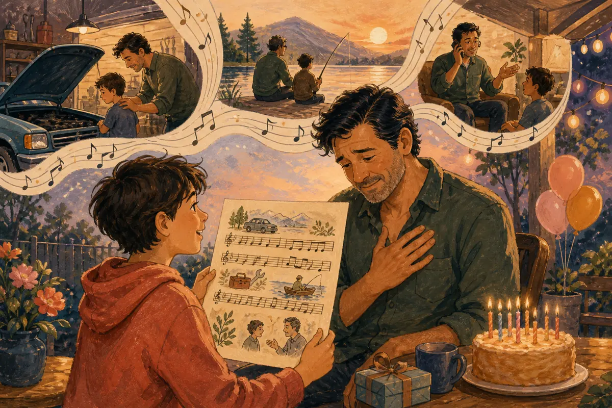 Gouache illustration of checking the car before a trip, repeating the same harmless joke inspiring a handmade a style Dad already enjoys song for Dad.