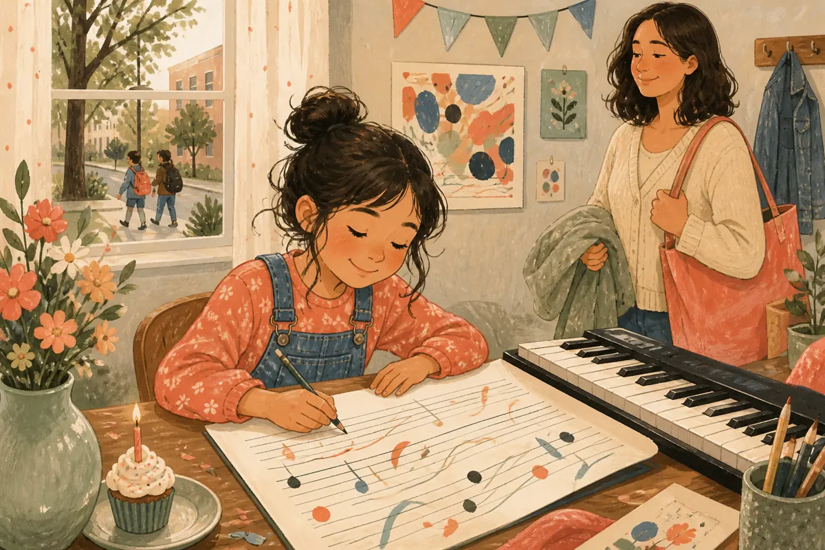 Gouache illustration of a school pickup phrase, a hobby she practices inspiring a handmade music connected to her current listening habits song for your daughter.