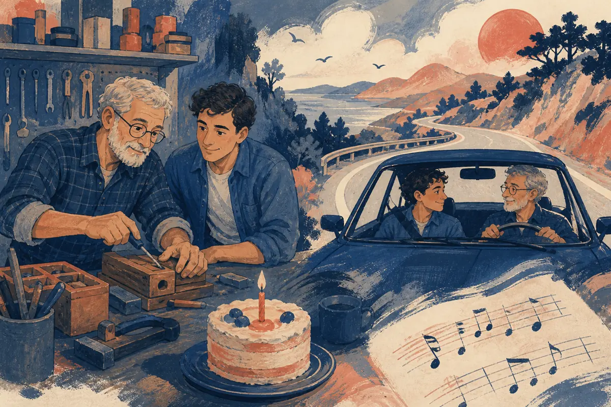Gouache illustration of a practical project, a familiar drive inspiring a handmade music connected to his interests and listening habits song for your father-in-law.