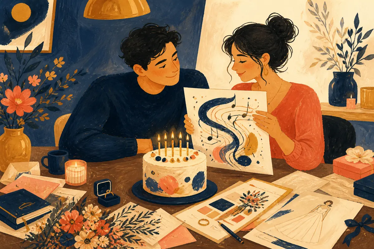 Gouache illustration of the way you divide a demanding week, a quiet planning ritual inspiring a handmade a style he likes apart from wedding plans song for your fiancé.