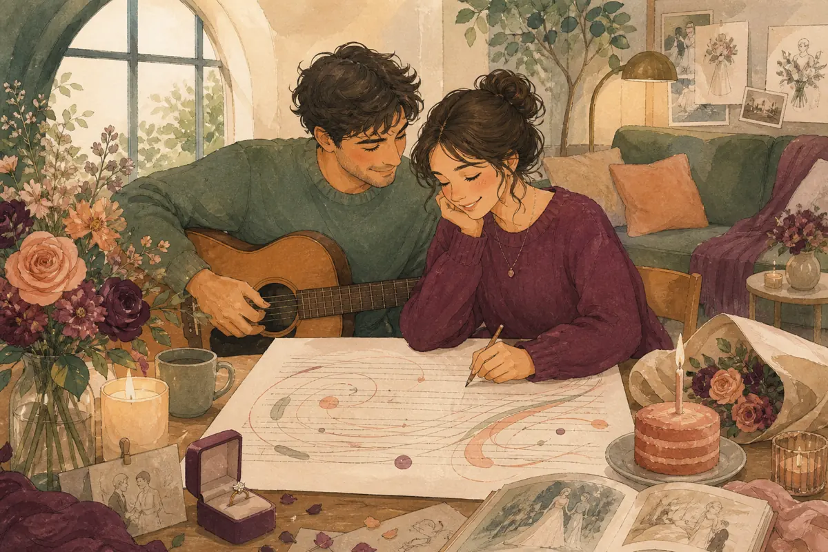 Gouache illustration of a Sunday routine, a recent challenge handled together inspiring a handmade music she likes beyond ceremony playlists song for your fiancée.
