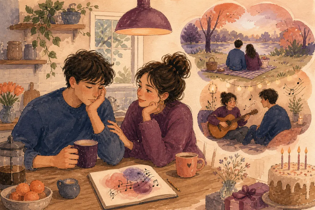 Gouache illustration of a kitchen conversation, a recurring weekend plan inspiring a handmade music she chooses for herself song for your girlfriend.