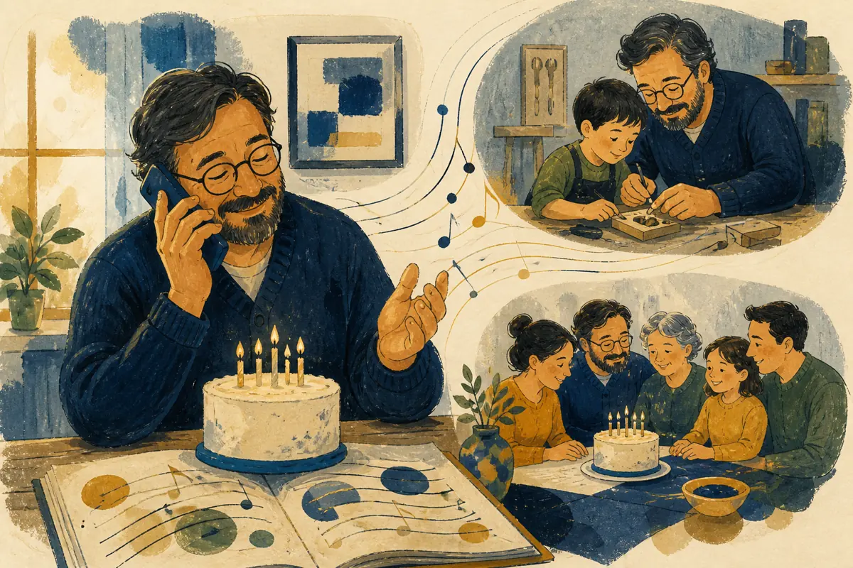 Gouache illustration of a birthday call he never misses, a practical lesson inspiring a handmade music connected to his own tastes song for your godfather.