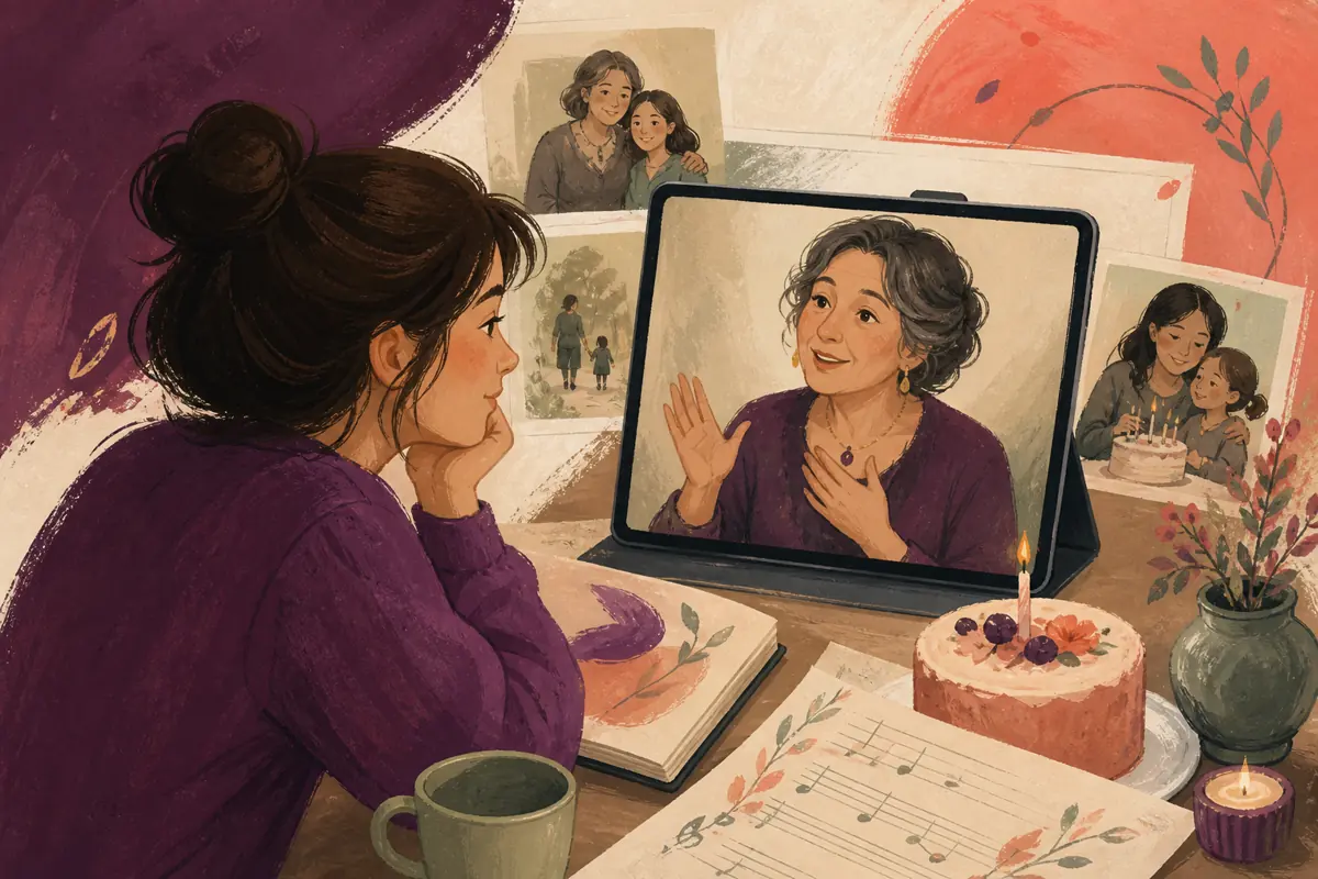 Gouache illustration of a yearly call, a faith or family tradition inspiring a handmade music connected to traditions you share song for your godmother.