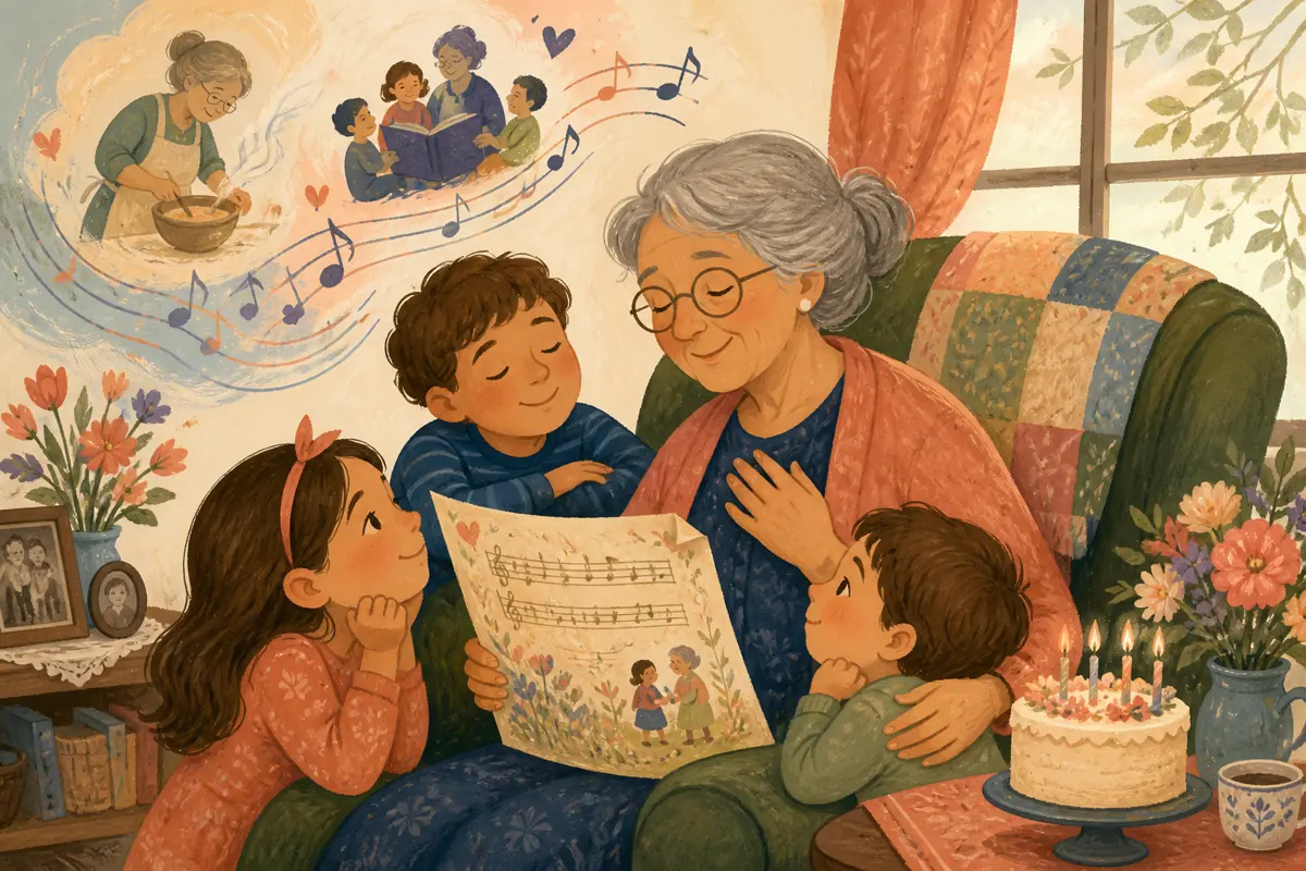 Gouache illustration of her recipe measured by feel, a phrase grandchildren repeat inspiring a handmade music connected to Grandma’s listening history song for Grandma.