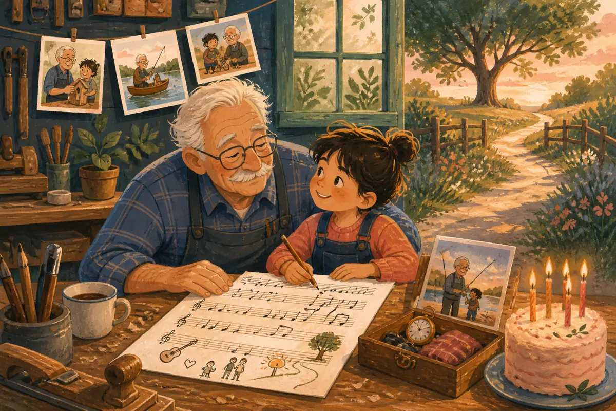 Gouache illustration of a workshop ritual, the route he still prefers, a repeated line at dinner inspiring a handmade music from a period or style Grandpa actually enjoys song for