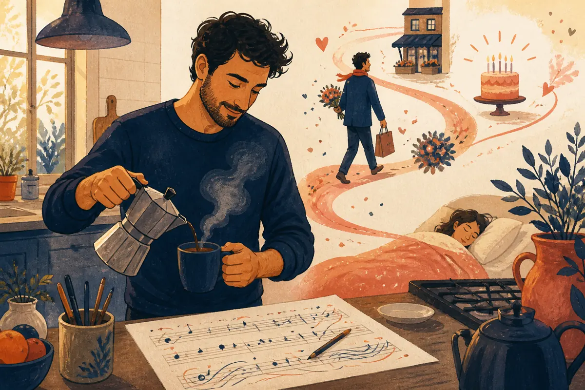 Gouache illustration of the coffee he starts before you wake, a shared errand route inspiring a handmade a style he chooses for himself song for your husband.