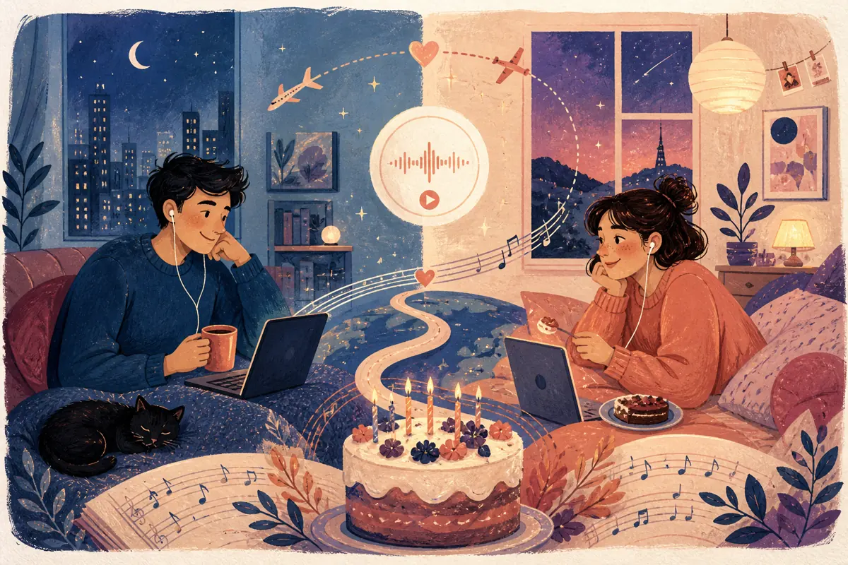 Gouache illustration of a call across time zones, a saved voice note, a reunion airport route inspiring a handmade a style both of you already share remotely song for your long-dis