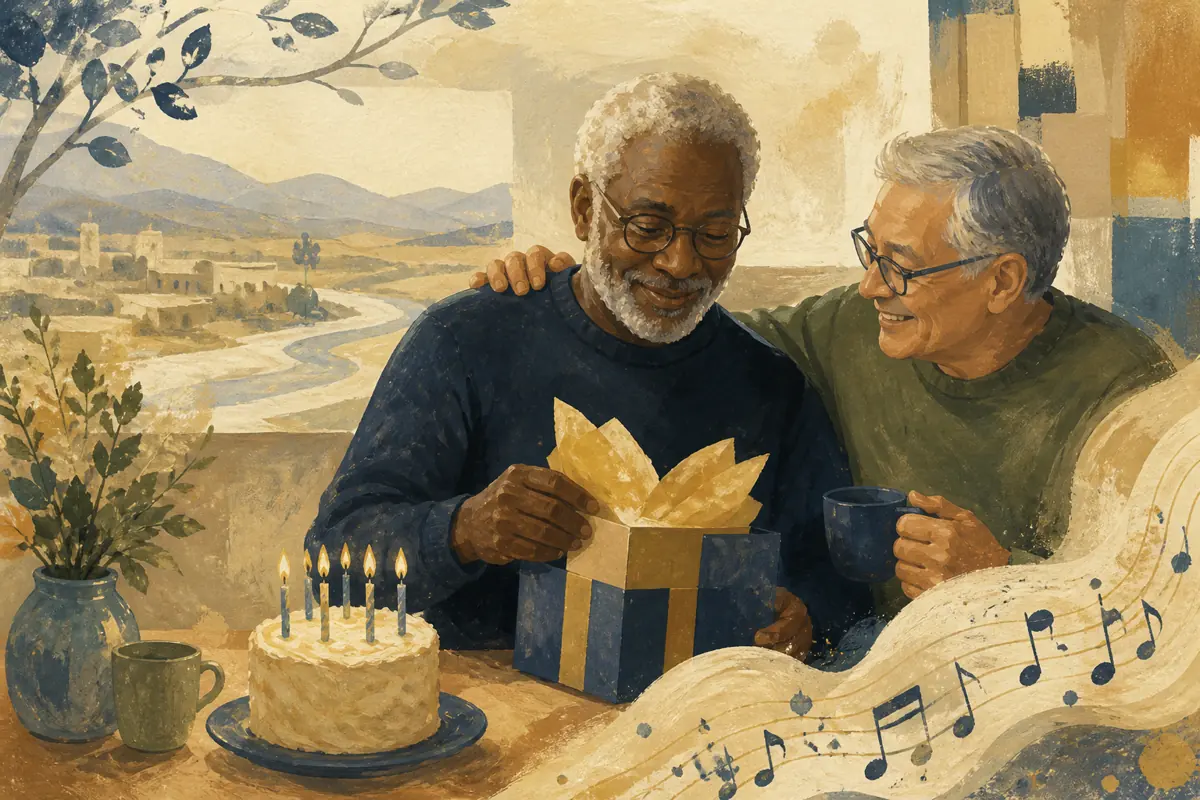 Gouache illustration of a safe duty-station memory they volunteered, a post-service routine inspiring a handmade music chosen from the person’s own preferences song for a military