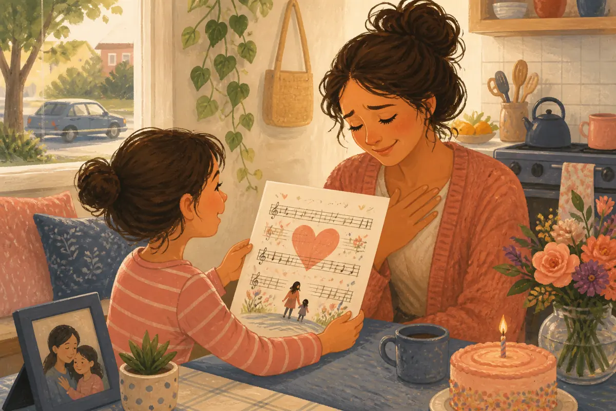 Gouache illustration of the school-morning drive, a repeated kitchen phrase inspiring a handmade a style Mom already enjoys song for Mom.