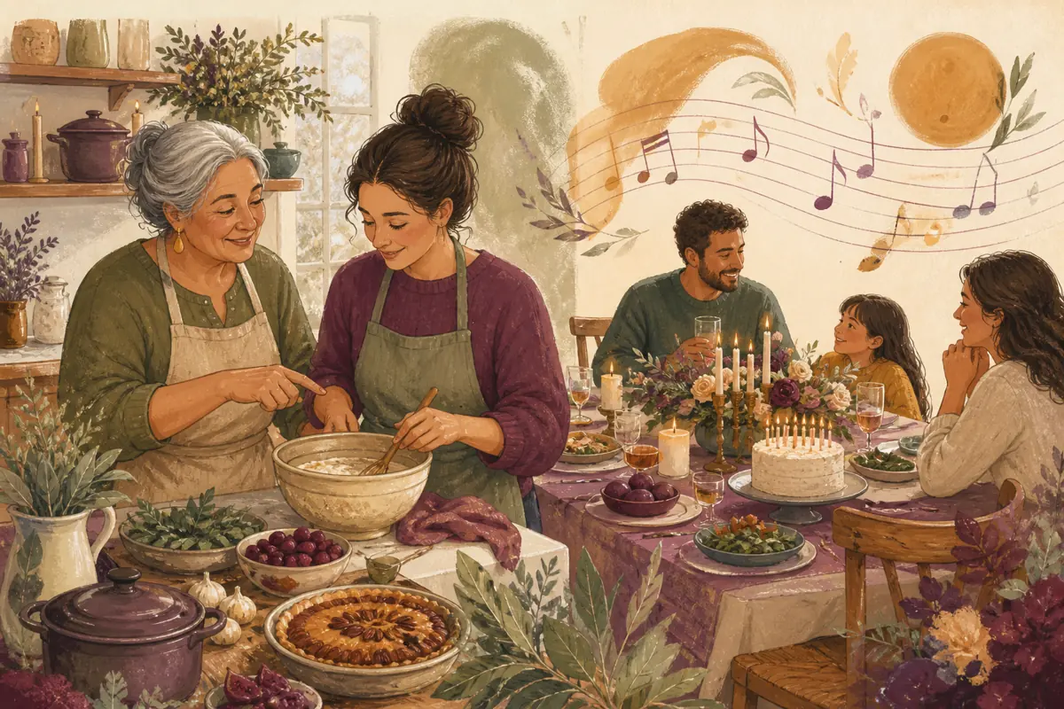 Gouache illustration of a recipe she taught without correcting every step, a holiday task inspiring a handmade music she enjoys in family settings song for your mother-in-law.