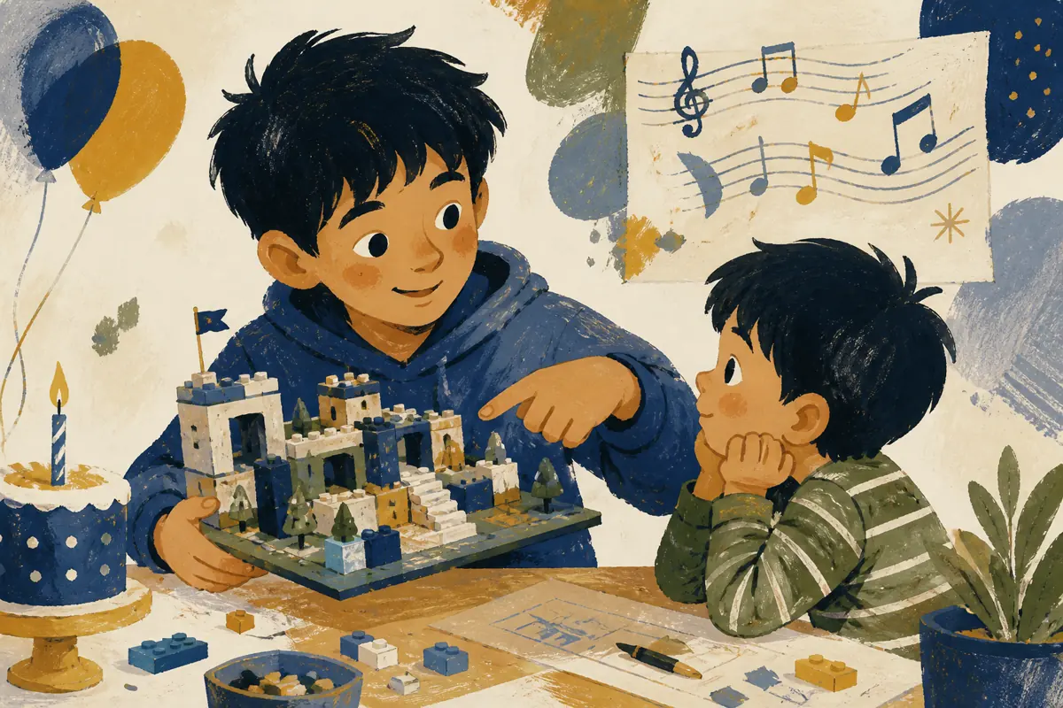 Gouache illustration of a model he built, a game strategy he explains inspiring a handmade music that fits his age and interests song for your nephew.