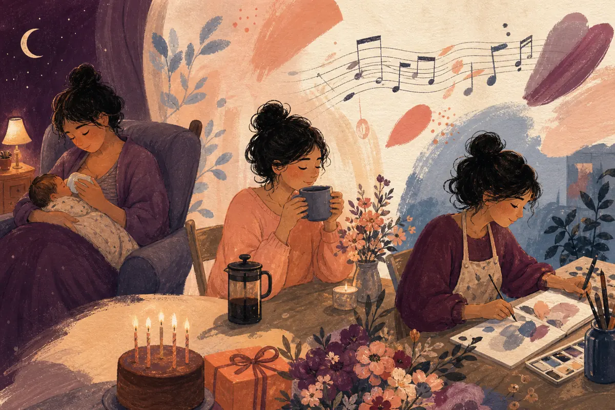 Gouache illustration of a favorite song played during a night feed, the first quiet coffee alone inspiring a handmade a calm style that works in a busy home song for a new parent.