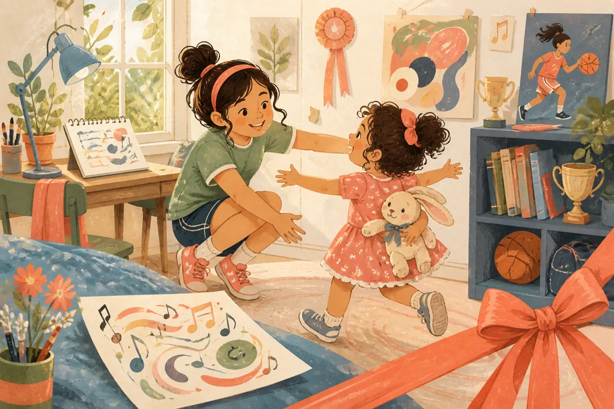 Gouache illustration of the story she is writing, the sport she practices inspiring a handmade age-appropriate music linked to her interests song for your niece.