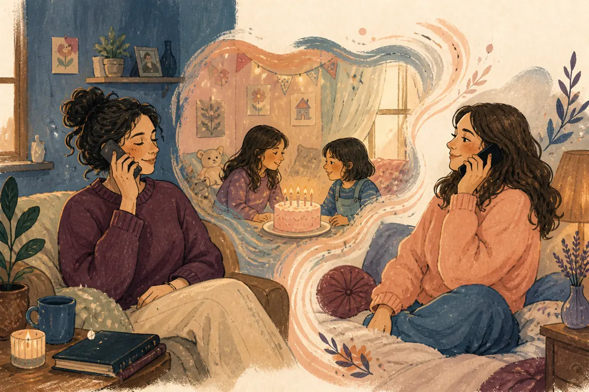 Gouache illustration of a shared bedroom rule, a recurring phone call inspiring a handmade a style tied to music you genuinely share song for your sister.