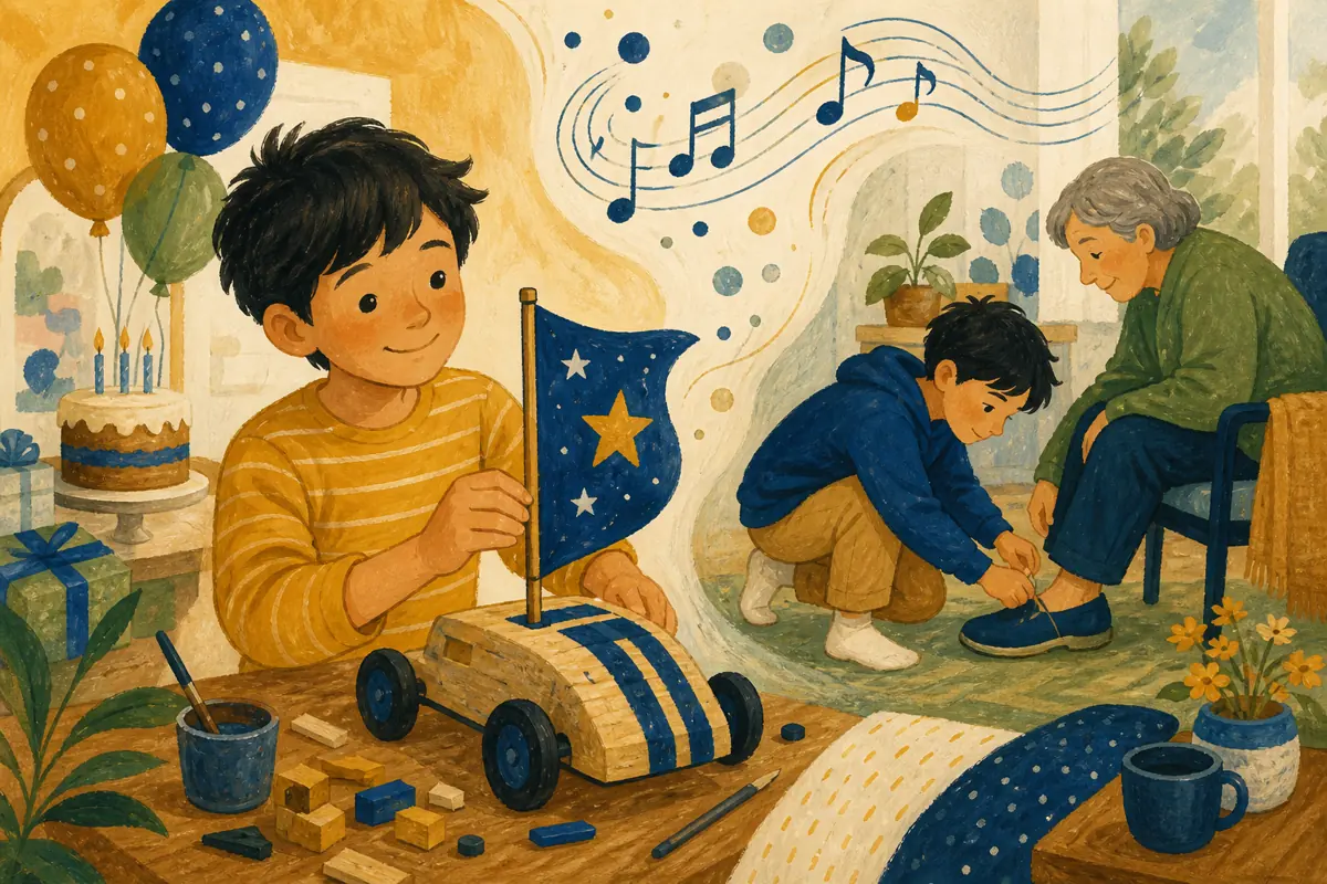 Gouache illustration of a project he finished, a routine he keeps inspiring a handmade music he will willingly hear song for your son.