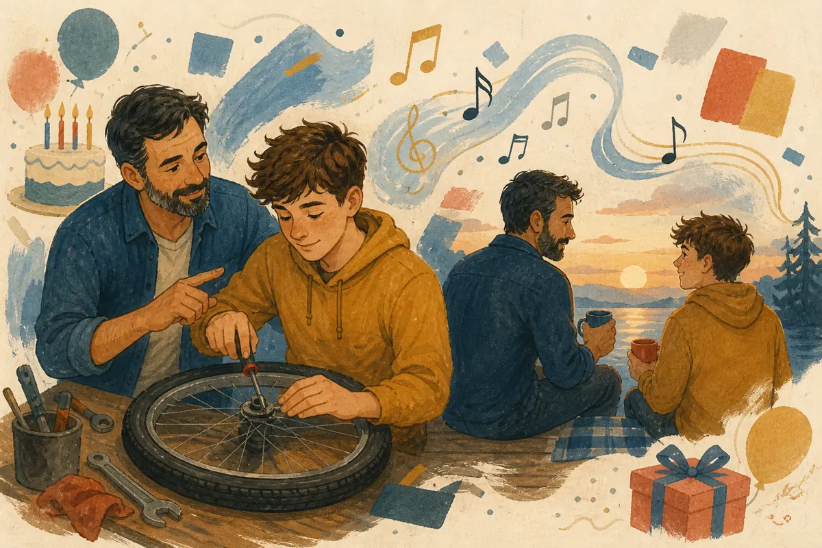 Gouache illustration of teaching a task without taking over, showing up for a routine inspiring a handmade music connected to his own taste song for your stepdad.