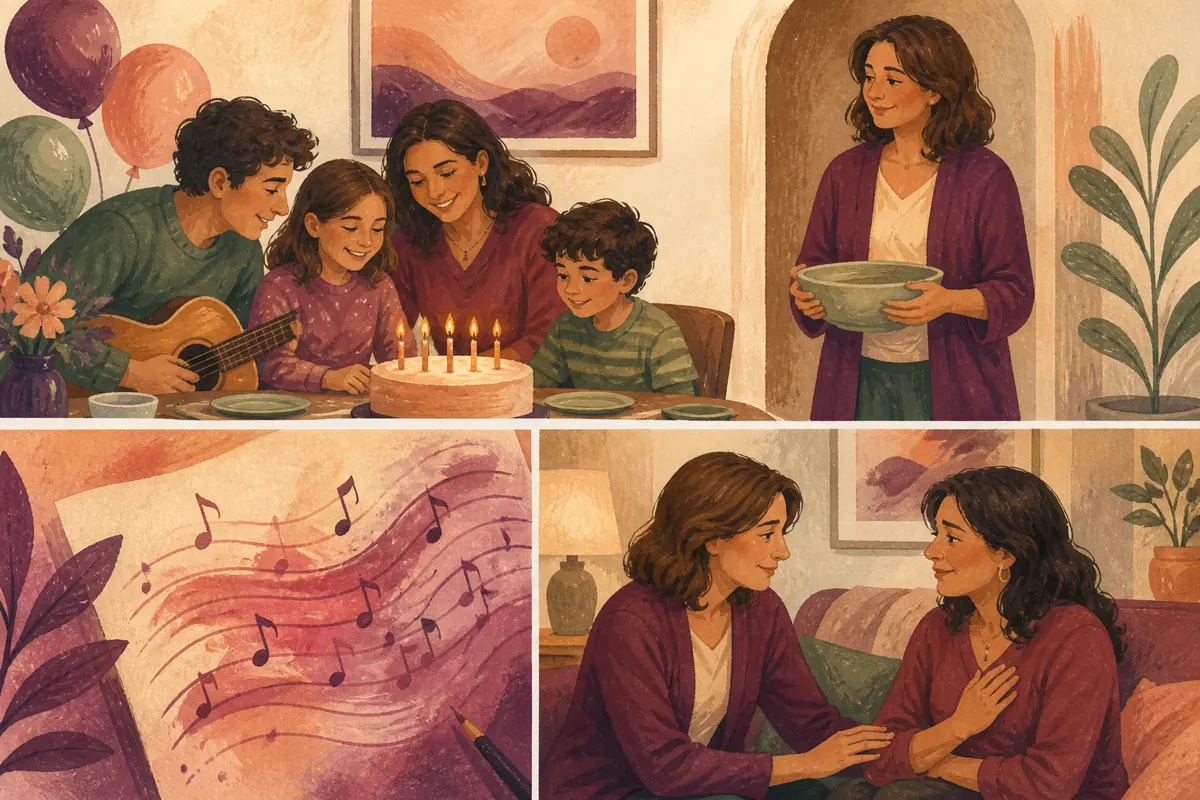 Gouache illustration of a holiday she made room for, a regular check-in inspiring a handmade a style she already enjoys song for your stepmom.