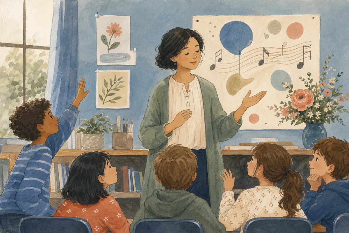 Gouache illustration of the phrase used before a difficult assignment, a calm transition routine inspiring a handmade a simple style appropriate for the classroom song for a teache