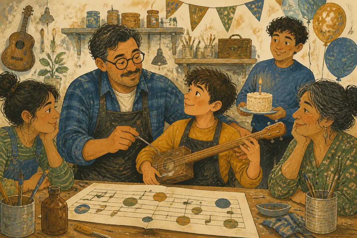 Gouache illustration of a practical lesson, a recurring holiday task inspiring a handmade music connected to his routines or listening history song for your uncle.
