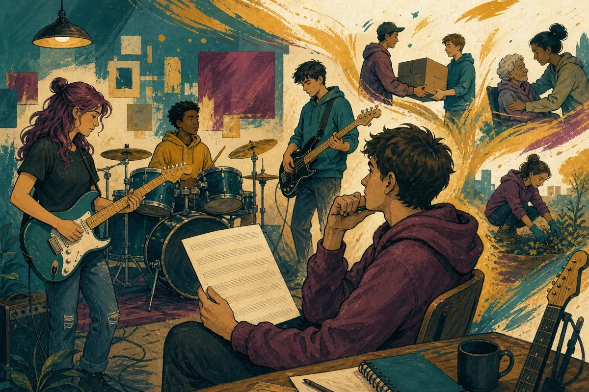 Gouache illustration of a youth retreat drive, a quiet prayer before work inspiring a handmade Christian rock song for a Christian recipient or group.