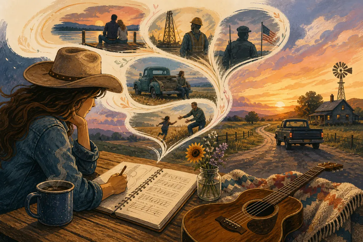 Gouache illustration of a gravel driveway after a late shift, coffee before sunrise inspiring a handmade country song for the intended listener.
