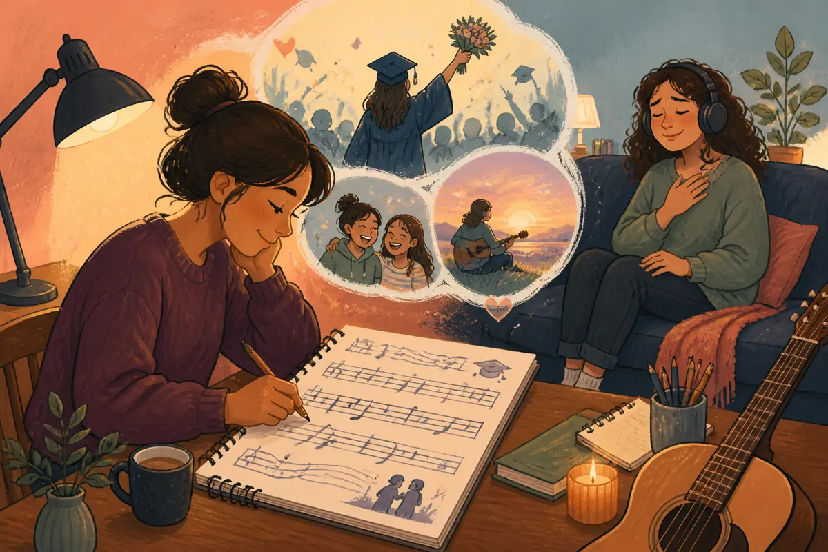 Gouache illustration of a specific shared memory being shaped into “How to Plan a Custom Graduation Song,” with musical motifs and a handmade gift.