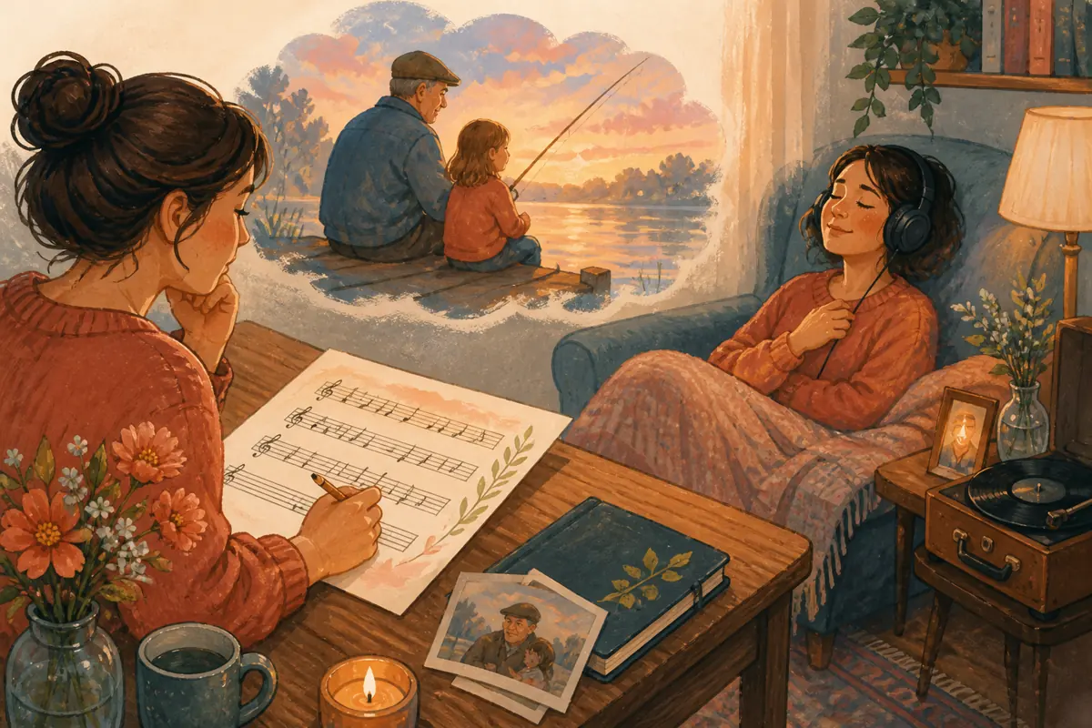 Gouache illustration of a specific shared memory being shaped into “How to Create a Thoughtful Custom Memorial Song,” with musical motifs and a handmade gift.