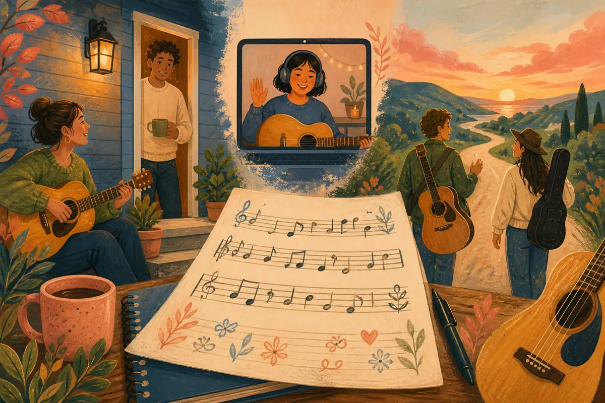 Gouache illustration of a porch light as proof of welcome, a weekly call as proof of steadiness inspiring a handmade the chosen genre song for the songwriter.