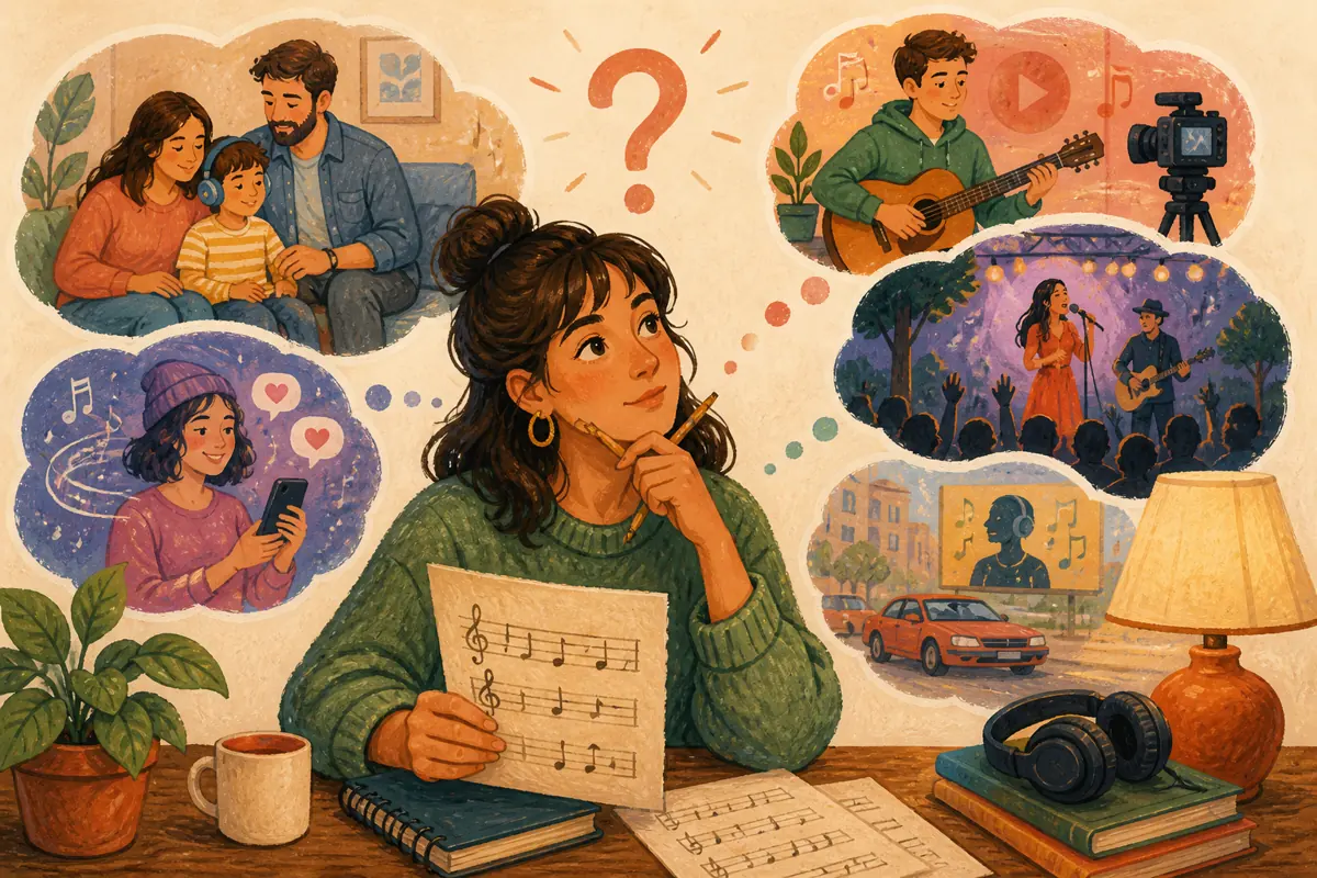 Gouache illustration of a personal family listen, a social post, a monetized video, a public event inspiring a handmade any genre song for the purchaser or creator.