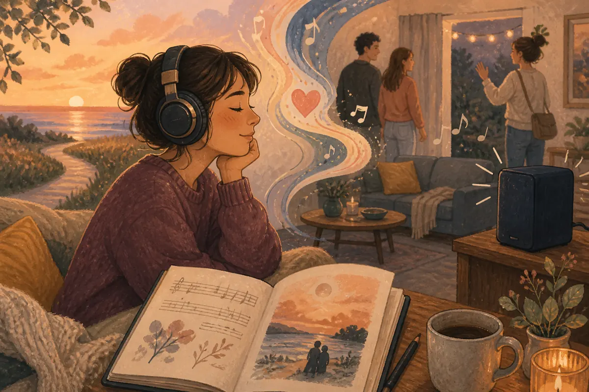 Gouache illustration of headphones on a quiet walk, a living-room speaker after guests leave inspiring a handmade the song’s actual production style song for the recipient.