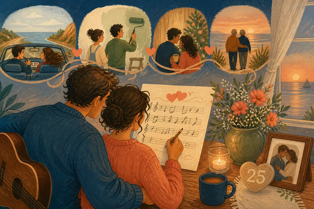 Gouache illustration of a first long drive, a household project, a holiday routine inspiring a handmade music that connects an early shared favorite with current listening song for