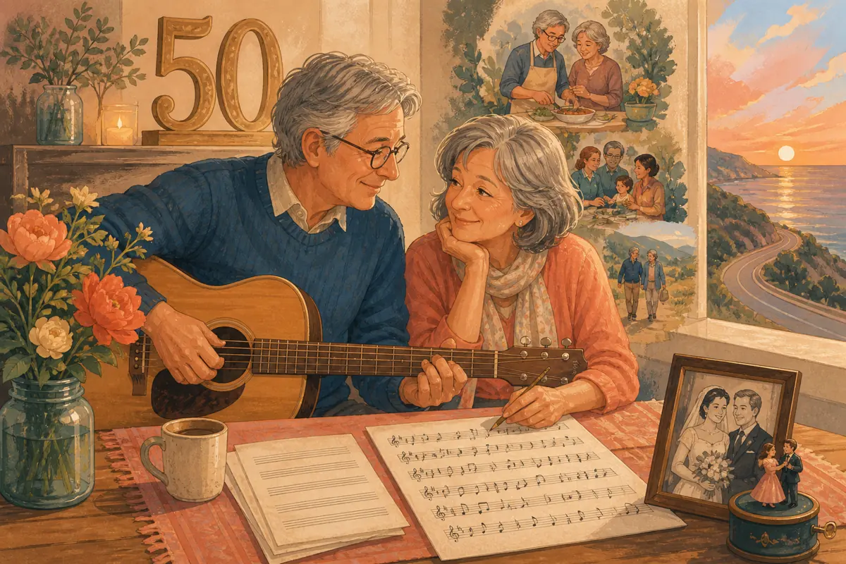Gouache illustration of a kitchen routine, a favorite drive, a family gathering role inspiring a handmade a familiar style chosen with both partners in mind song for the couple cel