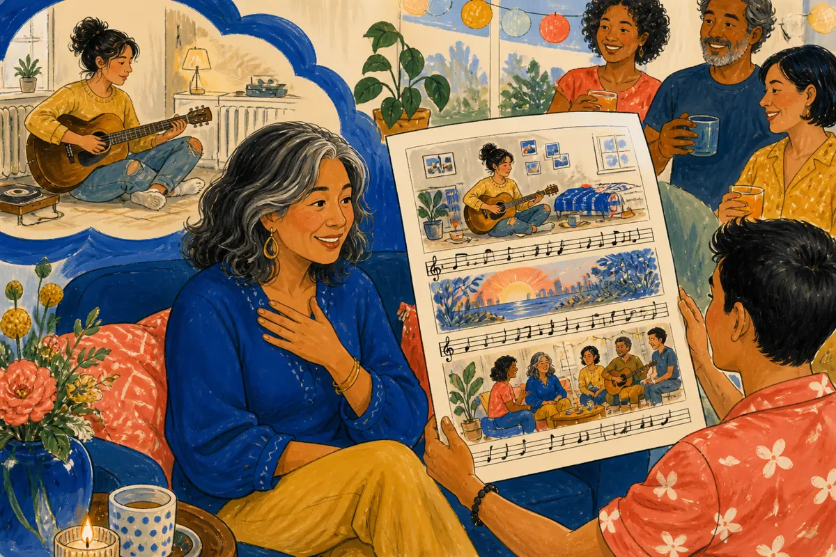 Gouache illustration of a first apartment, the start of a lasting friendship, a favorite road trip inspiring a handmade music connected to a decade or current favorite song for the